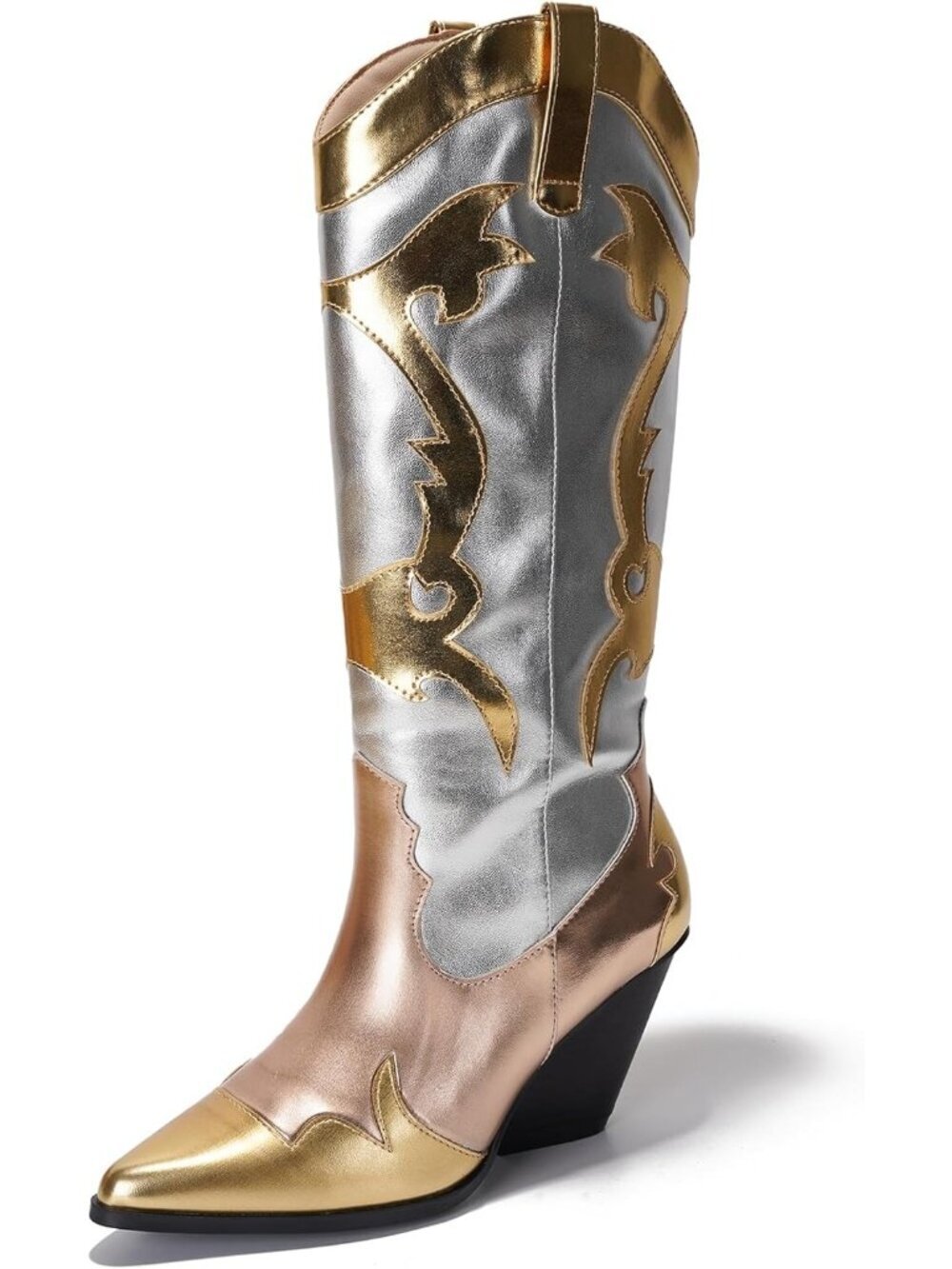 Women’s Gold Pull-On Metallic Colorblock Cowboy Boots Mid-Calf Pointed Toe Heel